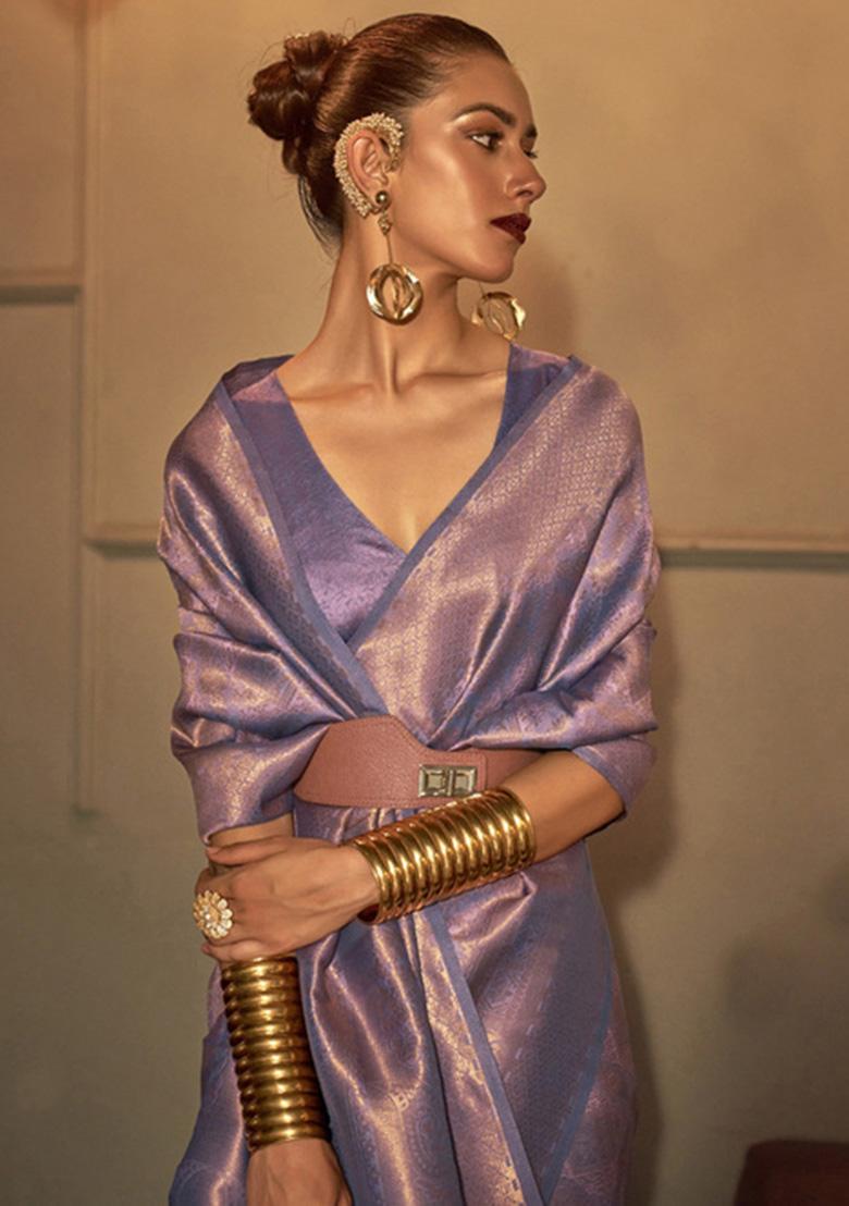 Purple Zari Woven Silk Blend Saree Set