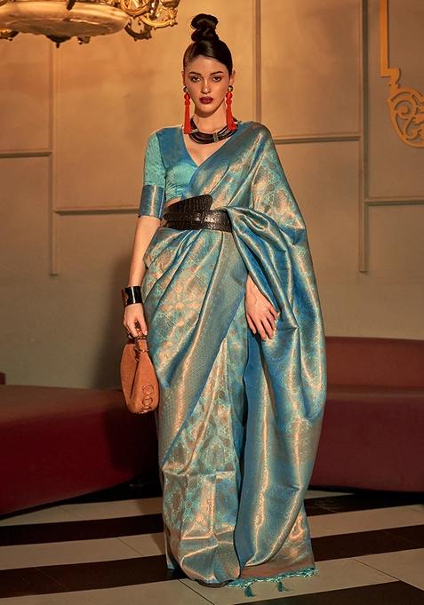 Teal Zari Woven Silk Blend Saree Set