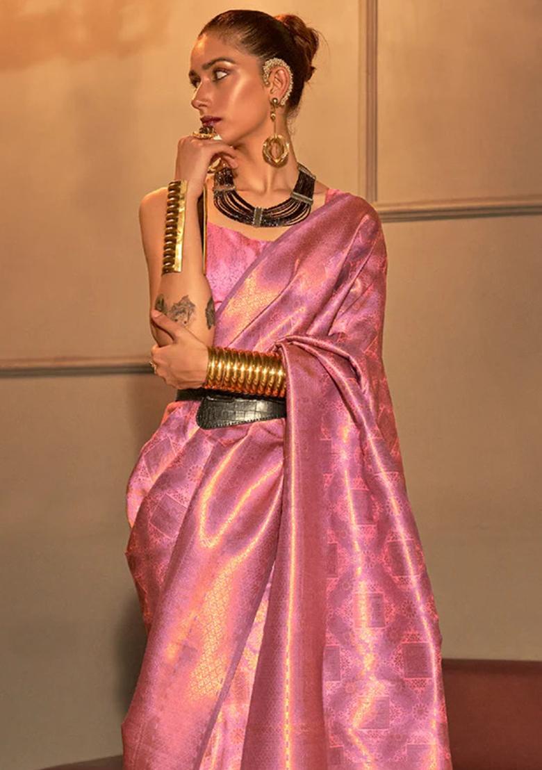 Pink Zari Woven Silk Blend Saree Set