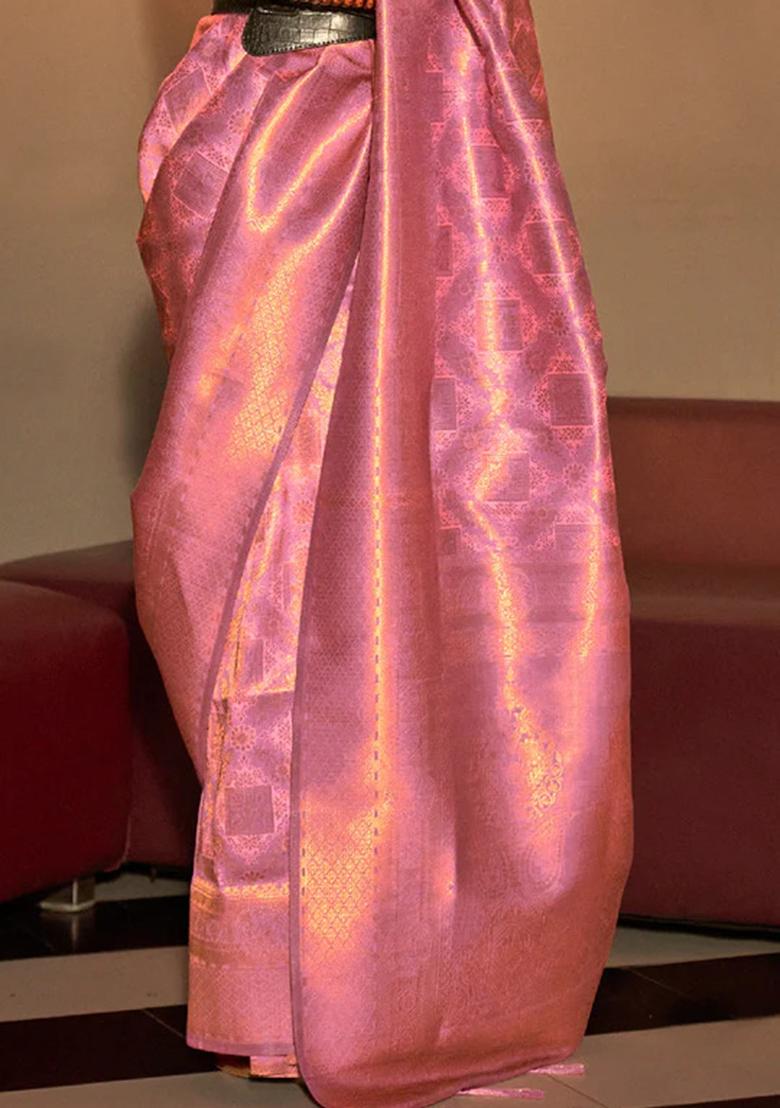Pink Zari Woven Silk Blend Saree Set