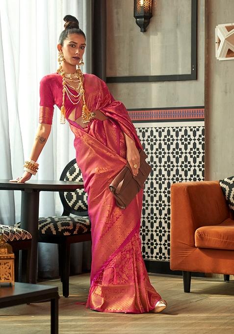 Pink Zari Woven Silk Blend Saree Set