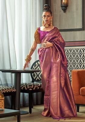 Purple Zari Woven Silk Blend Saree Set