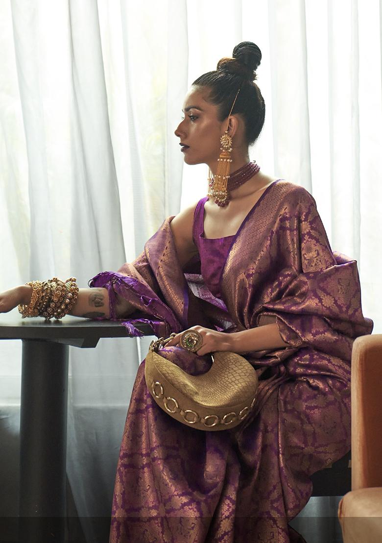 Purple Zari Woven Silk Blend Saree Set