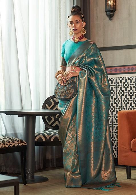 Teal Zari Woven Silk Blend Saree Set