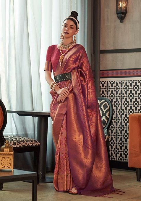 Wine Zari Woven Silk Blend Saree Set