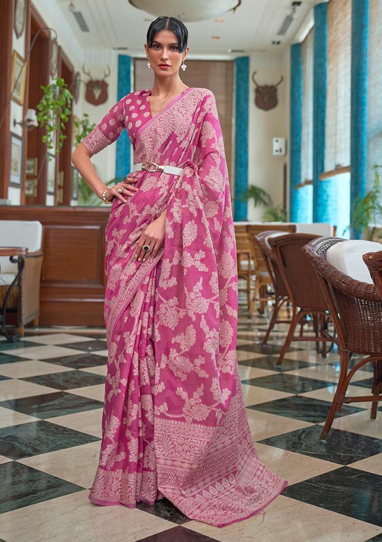 Pink Zari Woven Silk Saree Set for Diwali | Wedding & Festive Wear - Indya