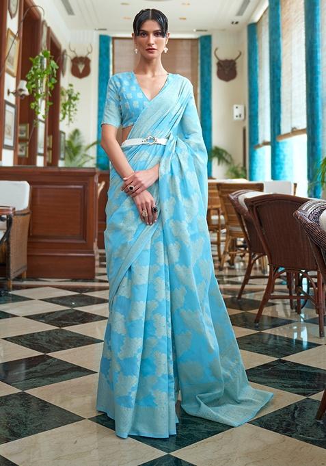 Sky Blue Zari Woven Silk Saree Set