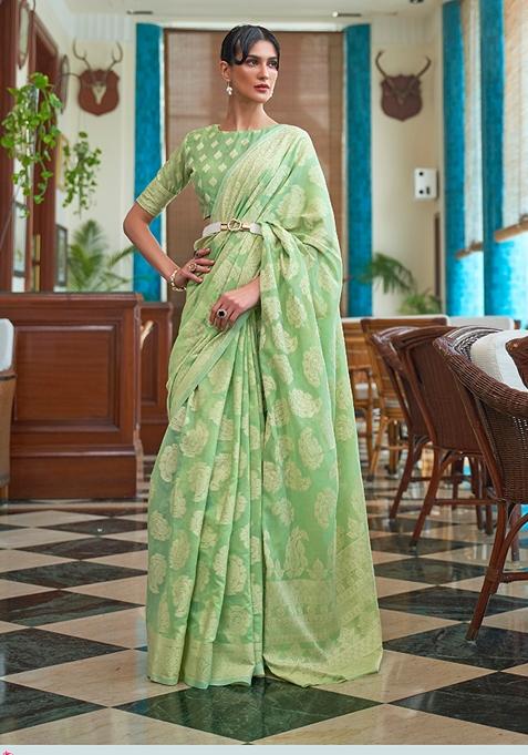 Sea Green Zari Woven Silk Saree Set