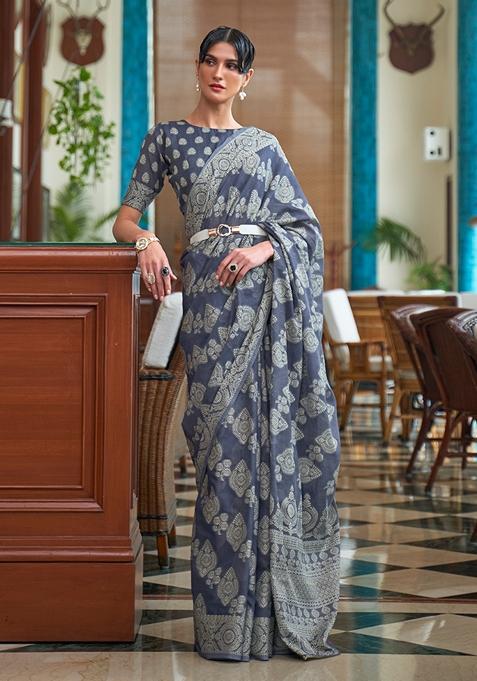 Blue Zari Woven Silk Saree Set