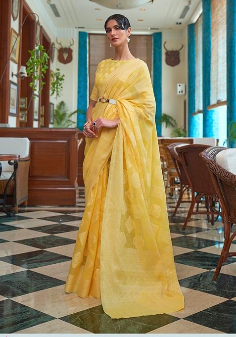 Yellow Zari Woven Silk Saree Set