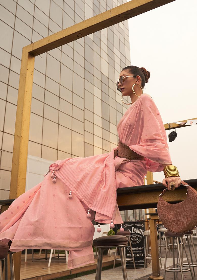 Baby Pink Zari Woven Silk Saree Set - Indya