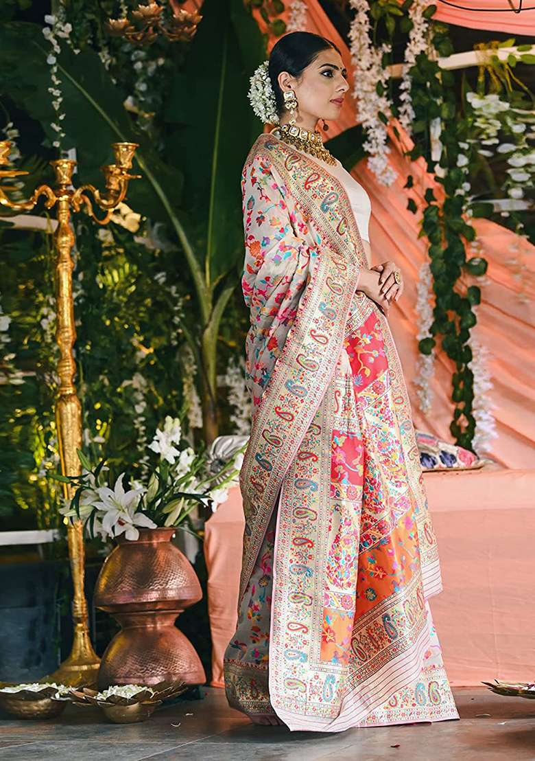Off White Zari Woven Soft Silk Saree Set for Diwali | Wedding & Festive Wear - Indya