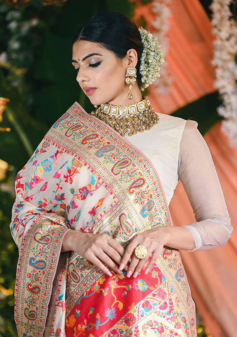 Off White Zari Woven Soft Silk Saree Set for Diwali | Wedding & Festive Wear - Indya