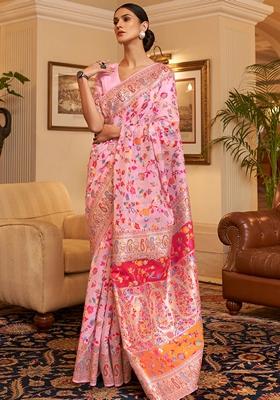 Pink Zari Woven Soft Silk Saree Set