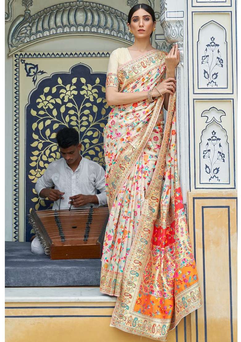 Cream Zari Woven Soft Silk Saree Set for Diwali | Wedding & Festive Wear - Indya