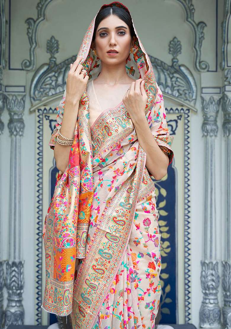 Cream Zari Woven Soft Silk Saree Set for Diwali | Wedding & Festive Wear - Indya