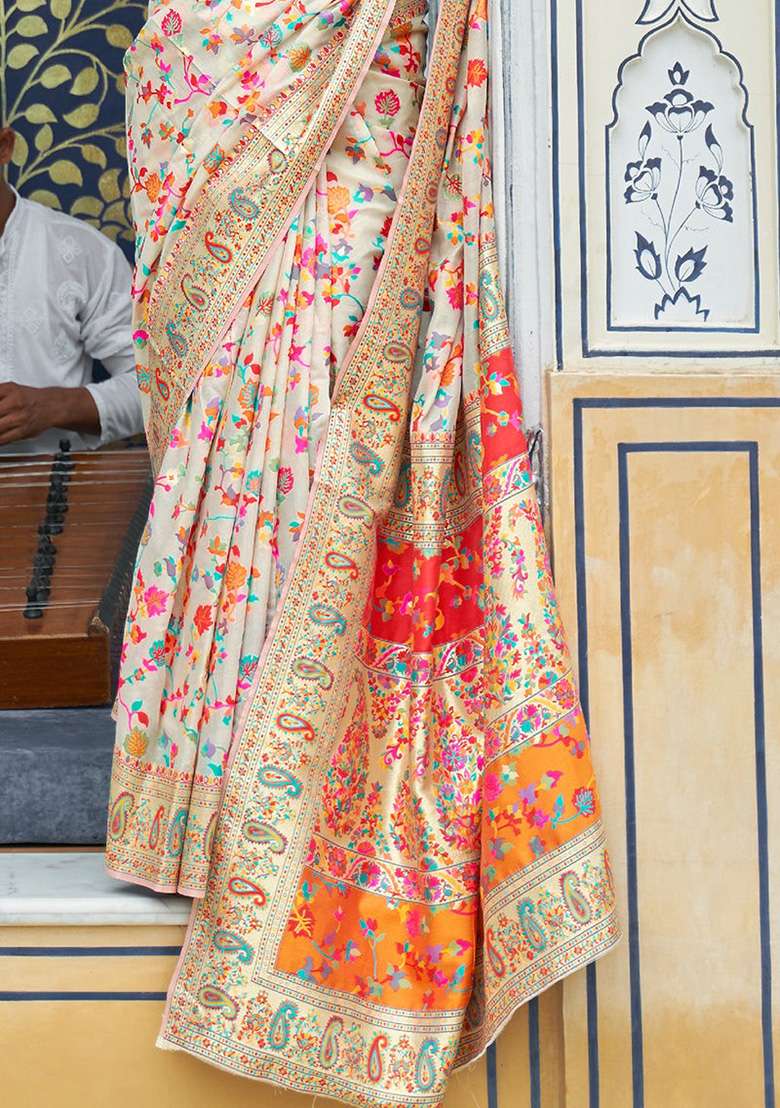 Cream Zari Woven Soft Silk Saree Set for Diwali | Wedding & Festive Wear - Indya