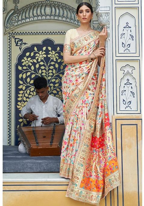 Cream Zari Woven Soft Silk Saree Set