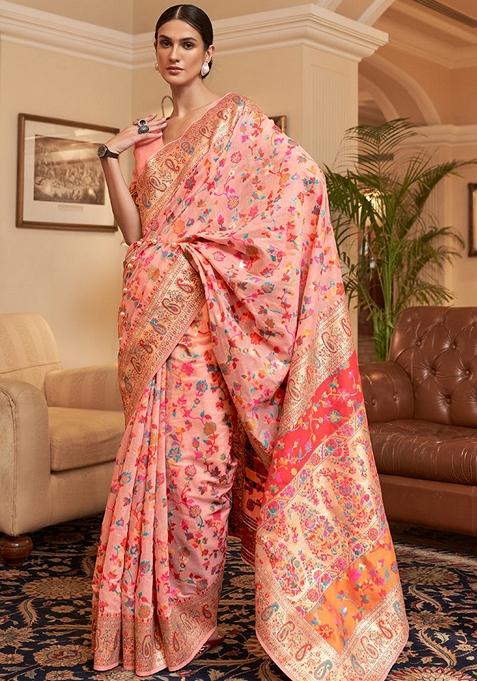 Peach Zari Woven Soft Silk Saree Set