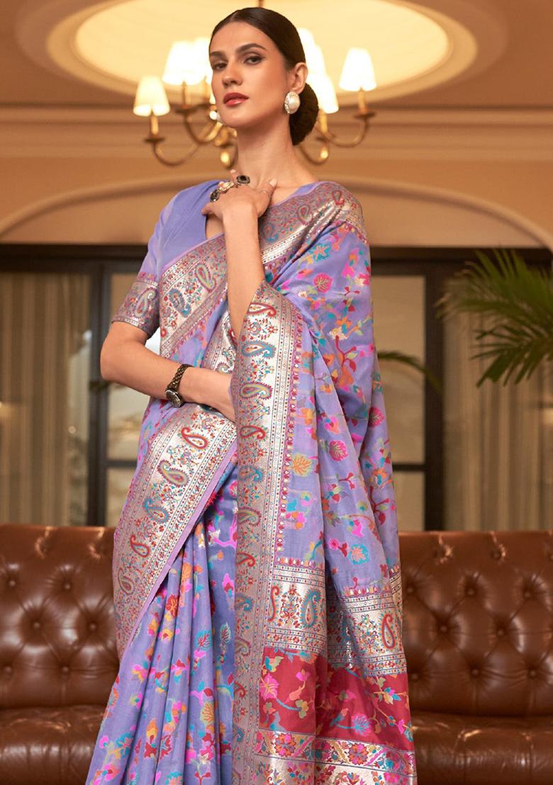 Purple Zari Woven Soft Silk Saree Set