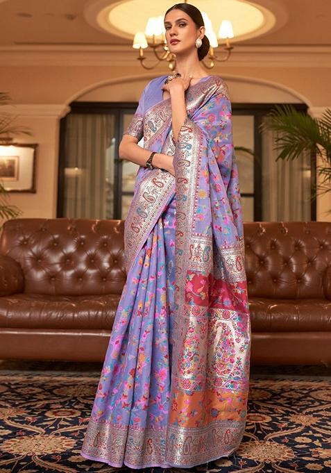 Purple Zari Woven Soft Silk Saree Set