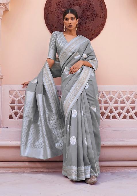 Grey Zari Woven Silk Saree Set