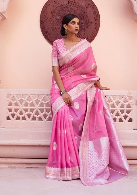 Rani Pink Zari Woven Silk Saree Set