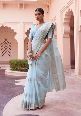 Sky Blue Zari Woven Silk Saree Set