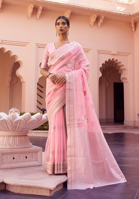 Pink Zari Woven Silk Saree Set