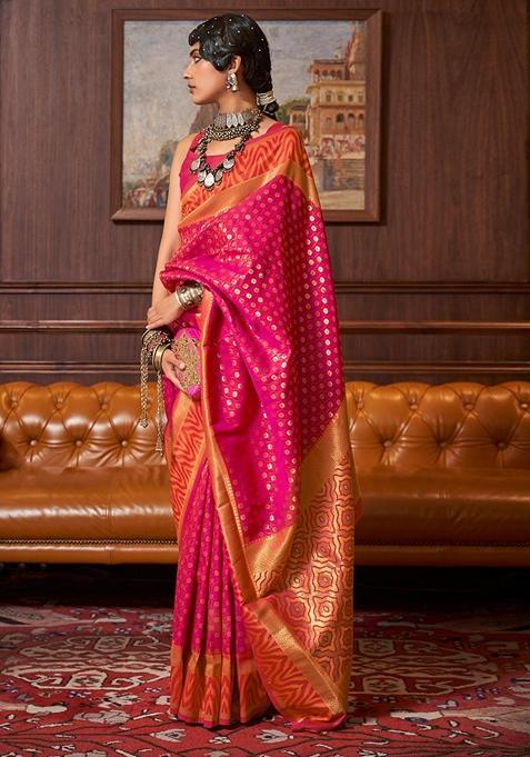 Pink Zari Woven Silk Saree Set