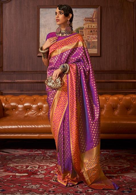 Purple Zari Woven Silk Saree Set