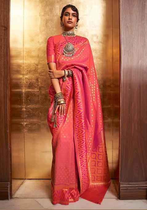 Rose Pink Zari Woven Silk Saree Set