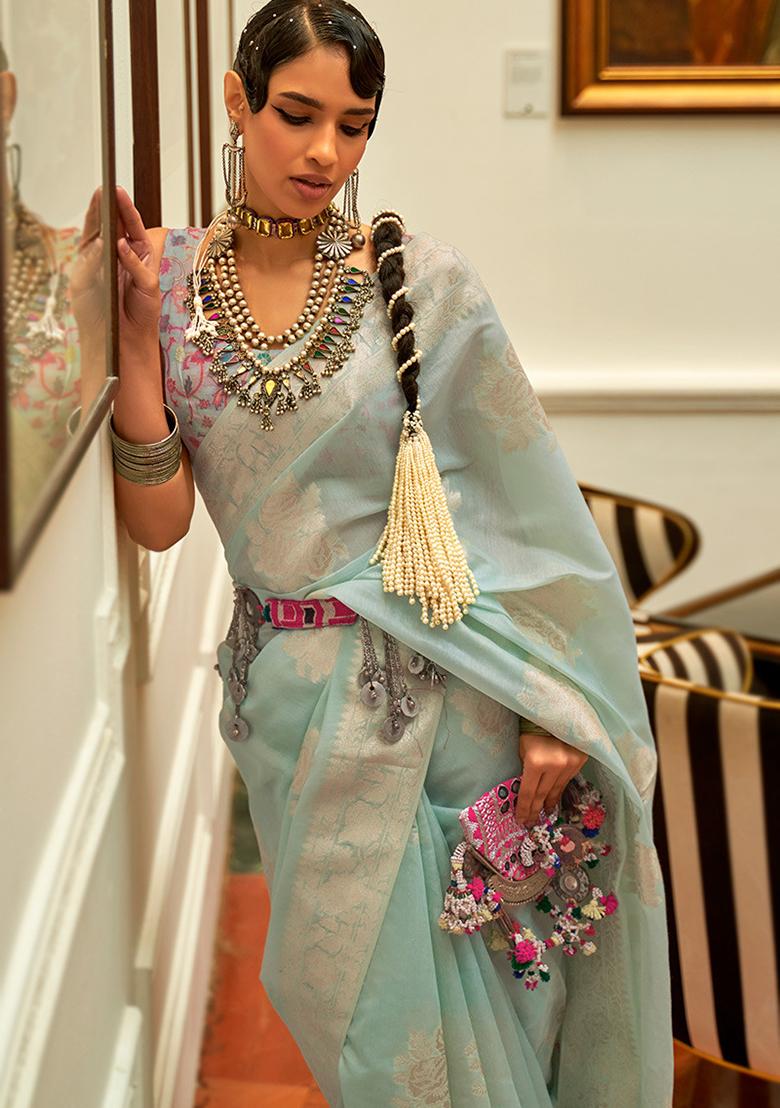 Aqua Blue Zari Woven Silk Saree Set - Indya