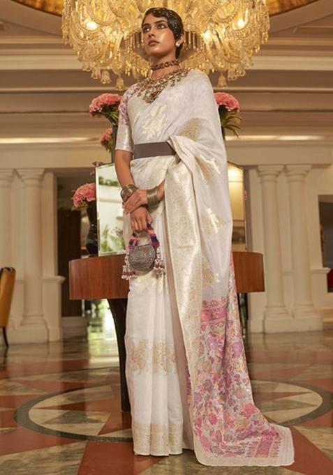 Off White Zari Woven Silk Saree Set