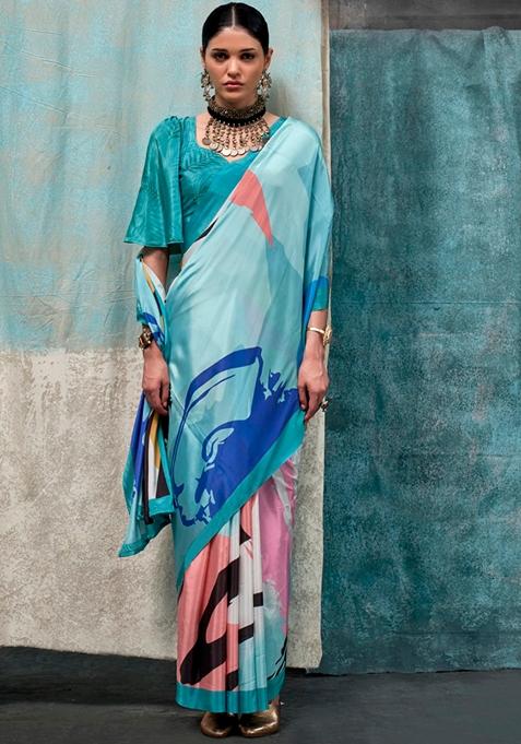 Teal Zari Woven Silk Saree Set