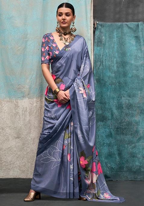 Indigo Zari Woven Silk Saree Set