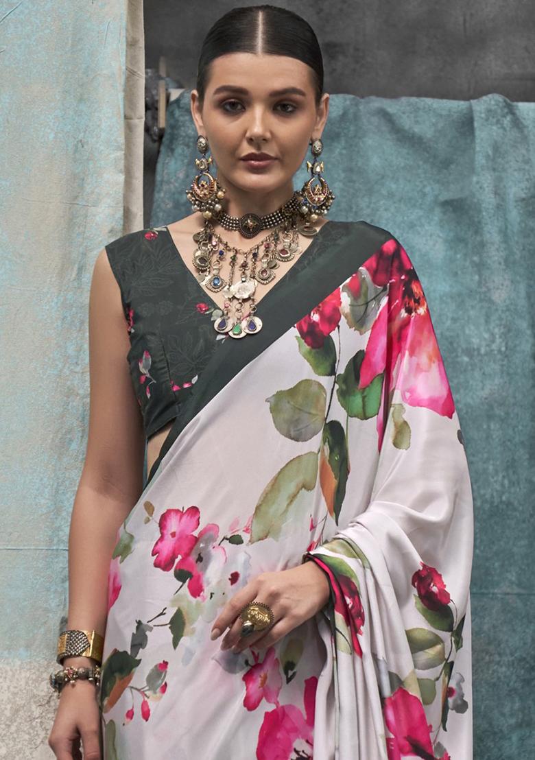 Off White Zari Woven Silk Saree Set - Indya