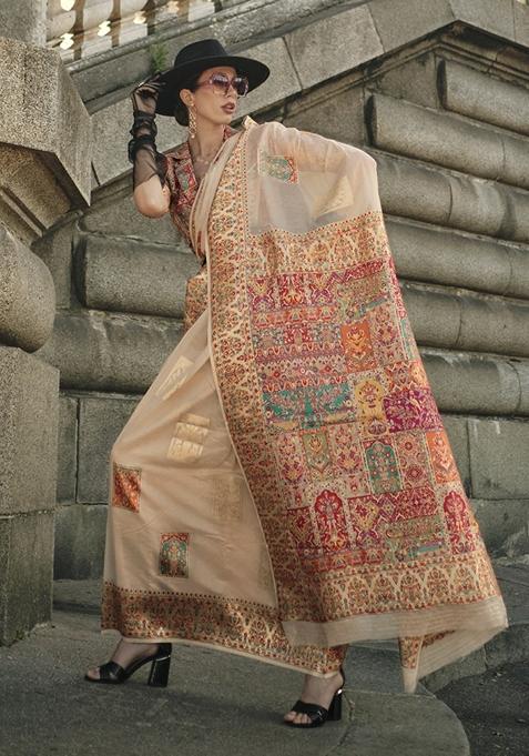 Cream Zari Woven Silk Saree Set