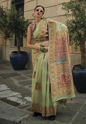 Sea Green Zari Woven Silk Saree Set