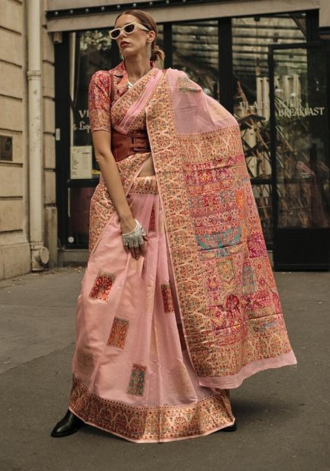 Peach Zari Woven Silk Saree Set