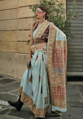 Sky Blue Zari Woven Silk Saree Set