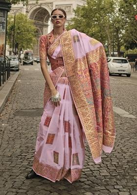 Baby Pink Zari Woven Silk Saree Set