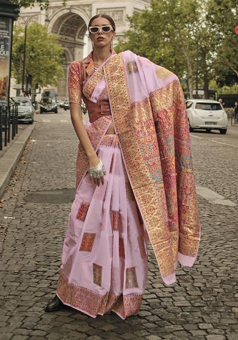 Baby Pink Zari Woven Silk Saree Set