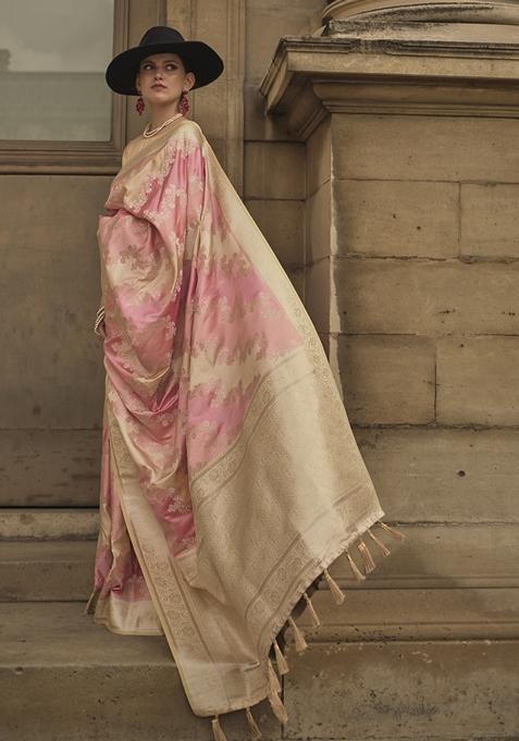 Pink Zari Woven Silk Saree Set