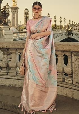 Peach Zari Woven Silk Saree Set