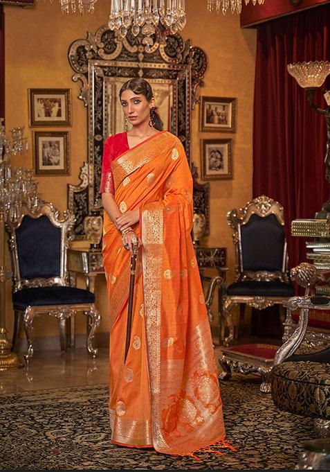 Orange Zari Woven Silk Saree Set