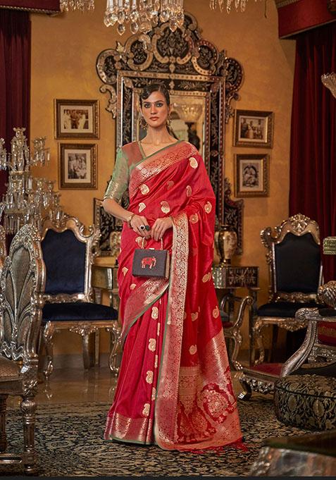 Red Zari Woven Silk Saree Set