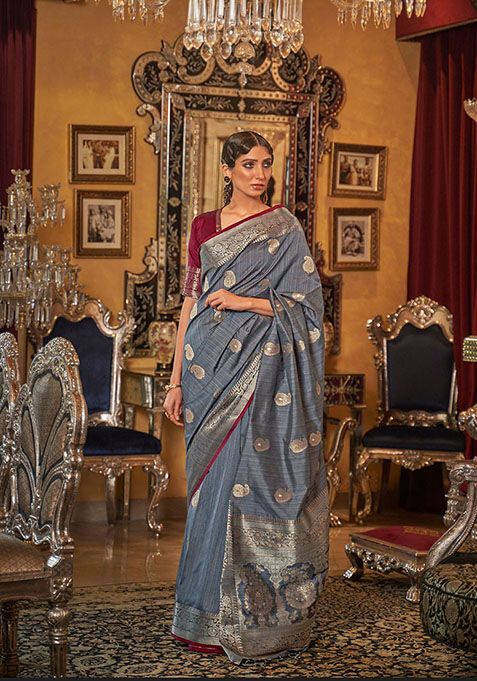 Grey Zari Woven Silk Saree Set