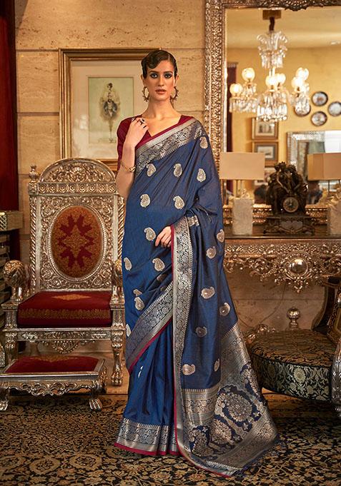 Blue Zari Woven Silk Saree Set