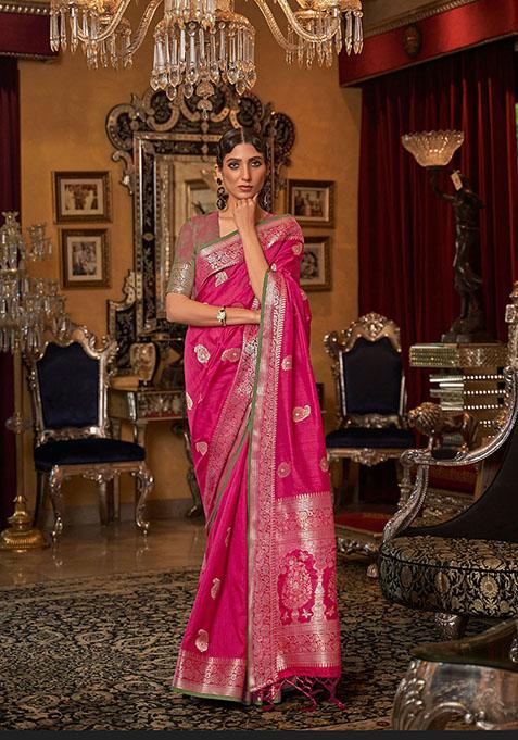 Pink Zari Woven Silk Saree Set